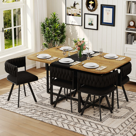 7-Piece Dining Table Set For 6, 1 Table & 6 Black Velvet Upholstered Chairs, Black & Wood Grain Melamine Table, Modern Tufted Kitchen Nook Set For Dining Room, Apartment & Small Space