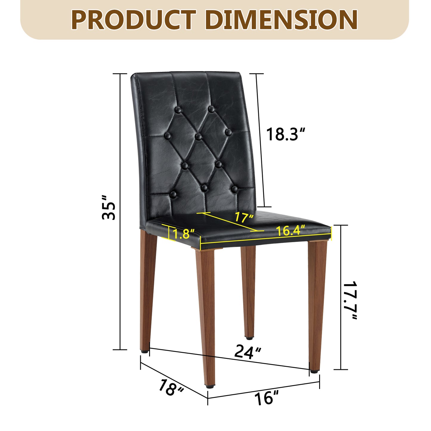 4-piece Set Of Black PU Dining Chairs Ergonomically Designed With A Buckle Backrest, 35 Inches High, Walnut Metal Legs, Combining Comfort And Texture. Very Suitable For Family Restaurants,hotel ,etc.