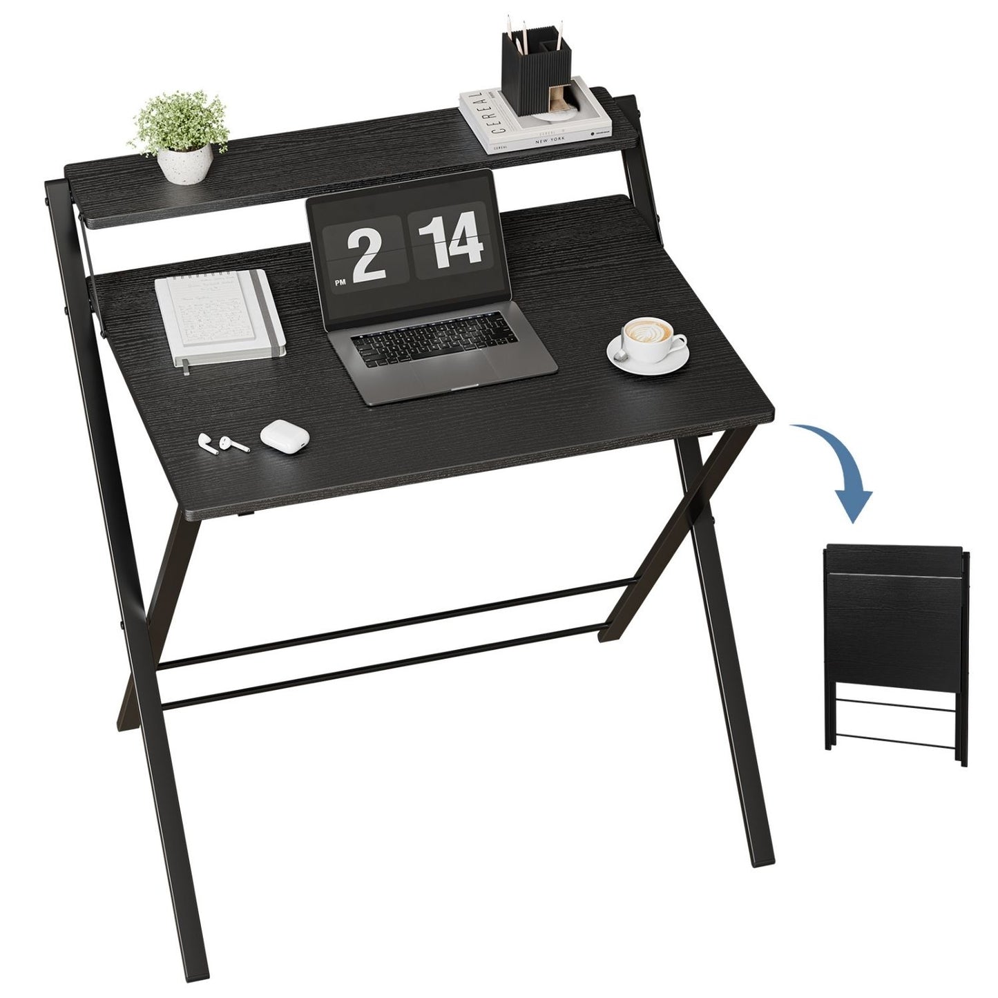 Small Folding Desk With Shelf, No Assembly Compact Computer Table, For Narrow Spaces, Portable Study Workspace For Bedroom And Office