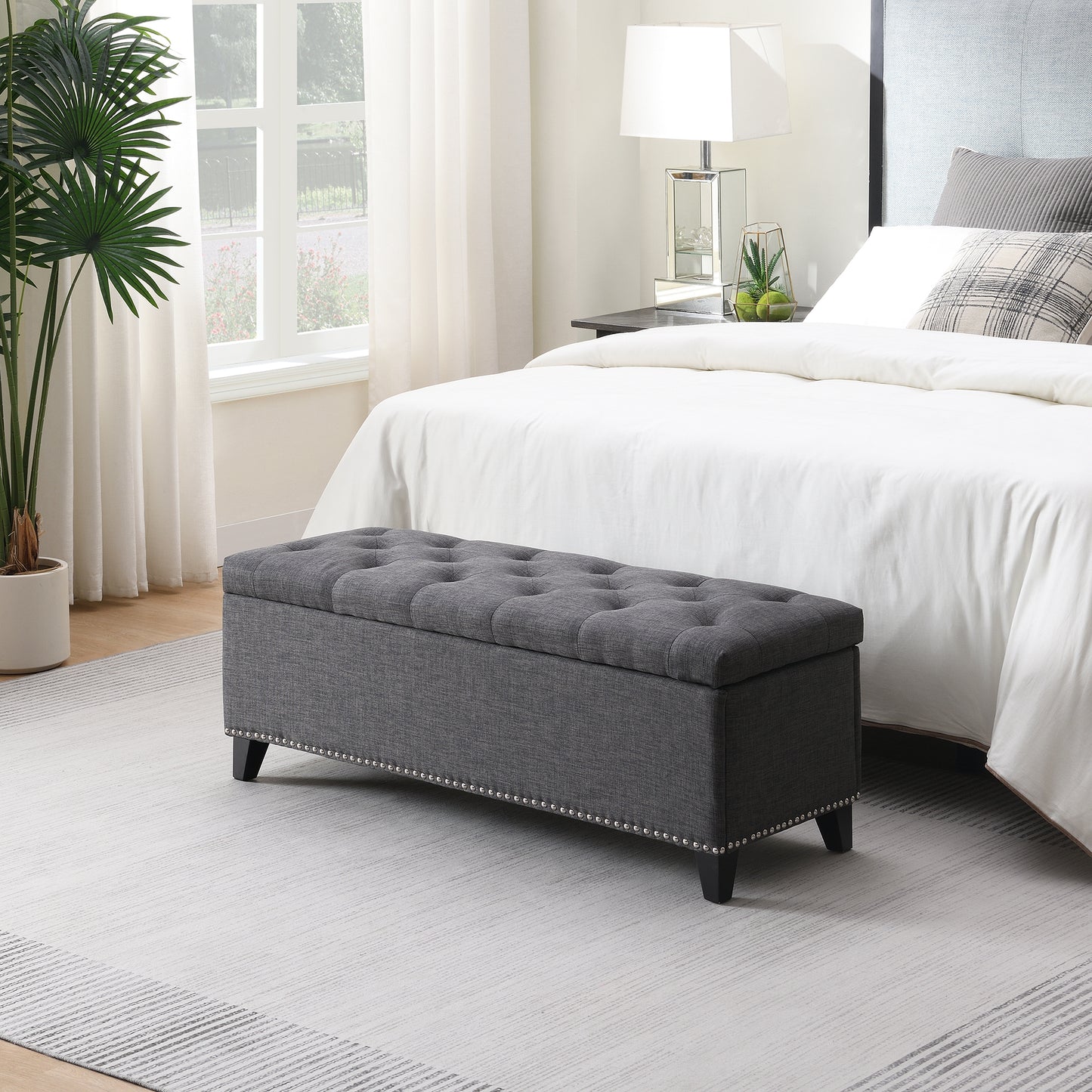 47.5 Storage Ottoman, Storage Bench With Safety Close Hinge, Linen Button-Tufted Ottoman For Living Room, Entryway, Hallway, Foot Rest, Support 500lbs - Dark Grey