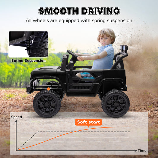 12V Battery Powered Ride On Truck, Kids Electric Car With Spring Suspension, Remote, Horn, USB Music, Black