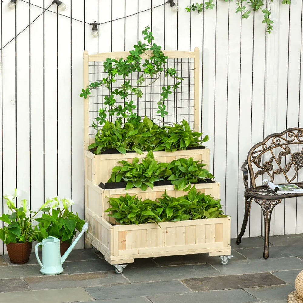 3-Tiers Raised Garden Bed With Trellis, 53'' H Vertical Planter Box With Wheels & Back Storage Area, For Flowers, Vegetables, Herbs, Natural, TIKTOK Prohibits Sales