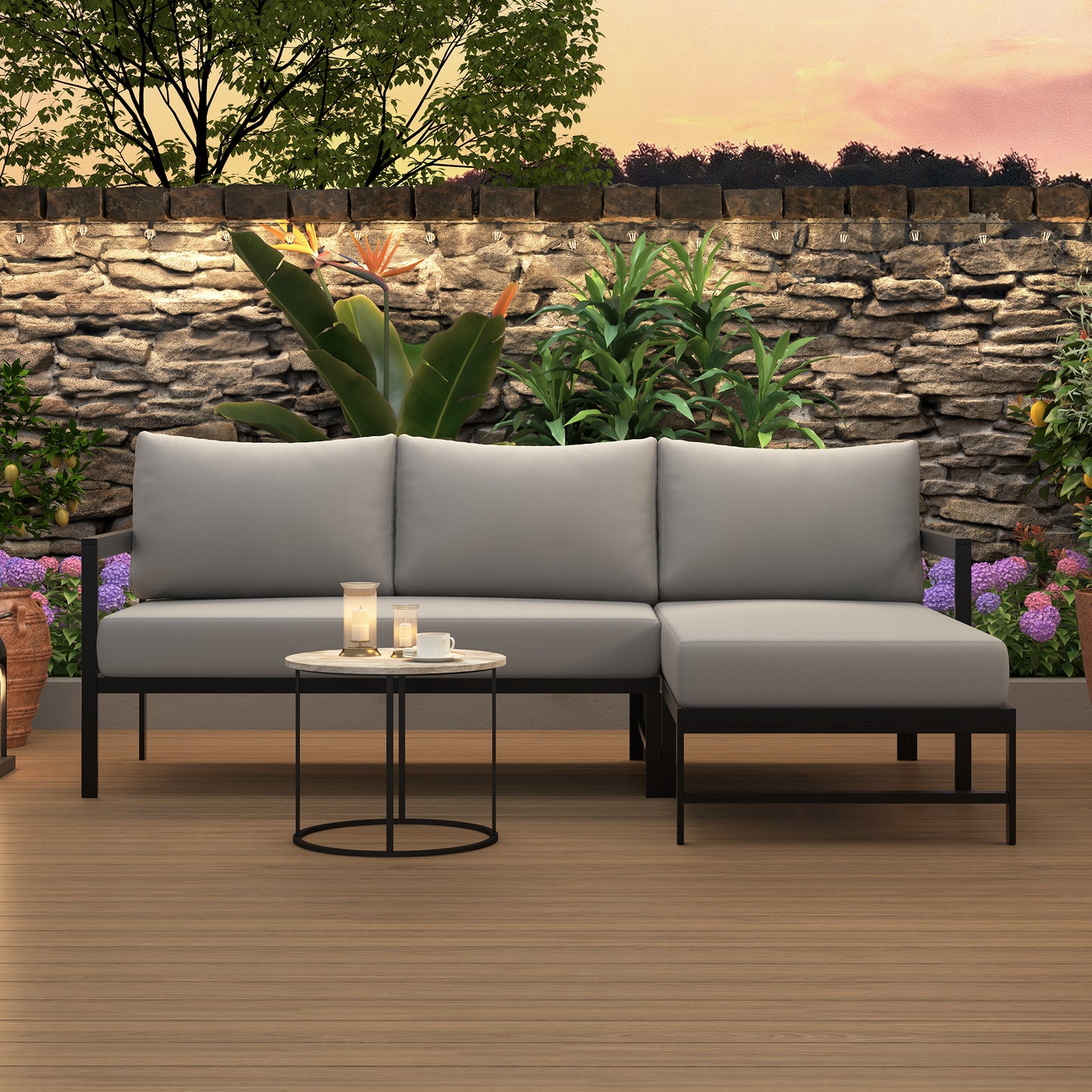 U-style Outdoor L- Shaped Sofa With Iron Frame Weather- Resistant Patio Sofa Set With Ultra- Thick Cushions Comfortable Seating For 3 Ideal For Patio Balcony And Garden