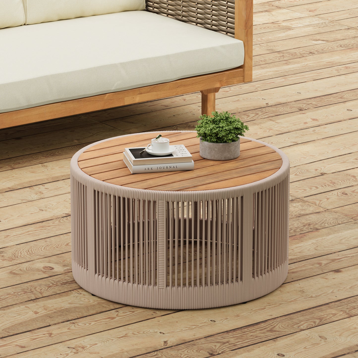 Outdoor Rattan Rope & Acacia Wood Coffee Table - Patio Balcony Furniture For Garden, Yard, Balcony - Weather Resistant Rope Beige, Natural Iron