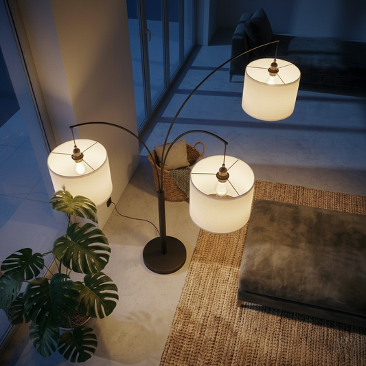 Royal 3-Arm Metal Floor Lamp, Oil Rubbed Bonze With Linen Shade, 4 Way Rotary