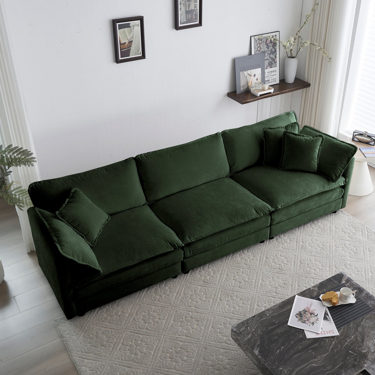 U-Shaped Sectional Sofa W Reversible Footrest, 5-Seater Convertible Corner Couch With 2 Ottomans ,Modern Minimalist Soft Sofa & Couch For Living Room , Green Chenille