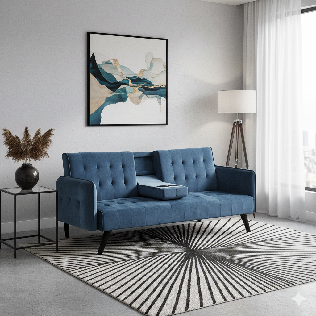 72 Velvet Convertible Sofa Bed With Cup Holders, Tufted Folding Futon Sleeper Couch, Mid-Century Modern 3 Seater For Small Spaces, 72 L X 34.6 D X 31 H, Blue