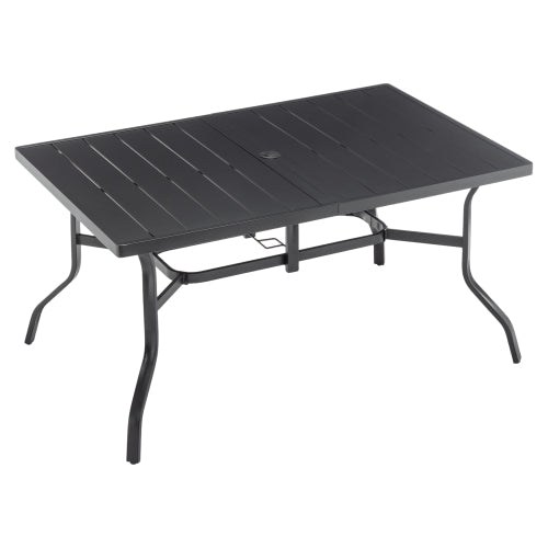 Outdoor Dining Table For 6, Powder-Coated Steel Slat Top With 2.16in Umbrella Hole, Anti-Slip Pads, E-Coating Frame, All-Weather Black Patio Table For Garden, Poolside, Backyard