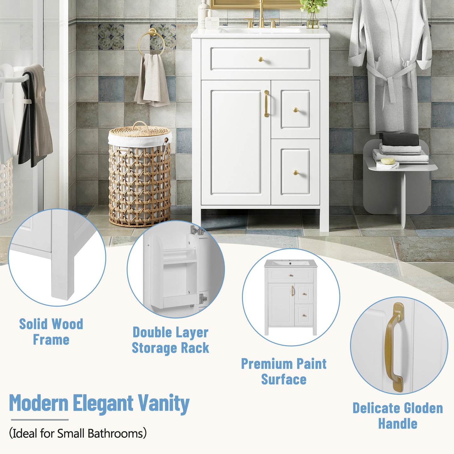 24-Inch Bathroom Vanity With Ceramic Sink, 1 Soft Close Door, 2 Soft Close Drawers, And Double Storage Racks On The Door