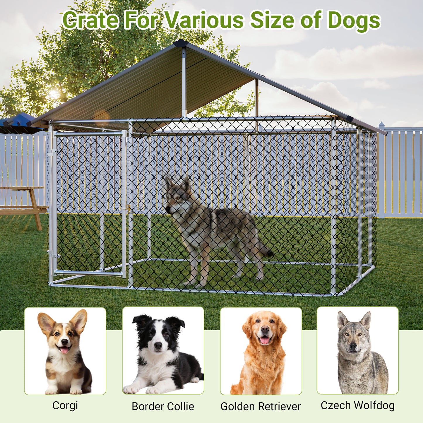 7.5'x7.5' Outdoor Heavy Duty Dog Kennel For Large Dogs, Rust-Proof Coated Wire Mesh Dog Cage With Sturdy Metal Roof, Secure Lock & All Weather Metal Enclosure
