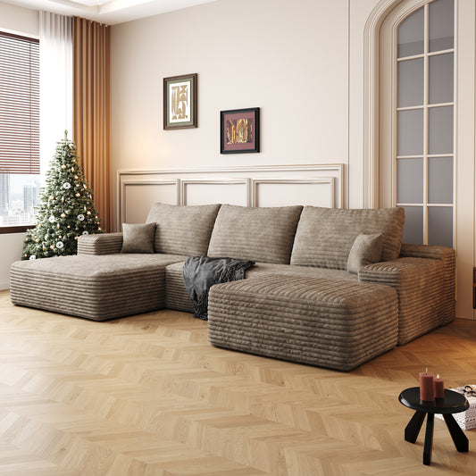 107 Cloud Sectional Sofa With 1 Ottoman,Modern Minimalist Upholstered Couches,Comfort U Shaped Sofa For Living Room,Deep Seat Corner Couch,No Assembly Required,Camel Plush Corduroy Fabric
