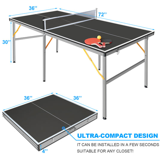 6ft Black Mid-Size Table Tennis Table Foldable & Portable Ping Pong Table Set For Indoor & Outdoor Games With Net, 2 Table Tennis Paddles And 3 Balls