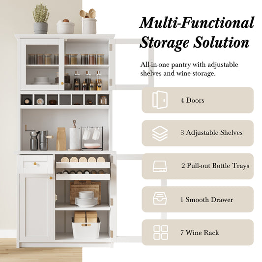 TOPMAx Farmhouse 35.4x17.7x74.8inch Freestanding Buffet With Hutch Tall Kitchen Pantry Storage Cabinet With Wine Rack And Adjustable Shelves For Dining Room White