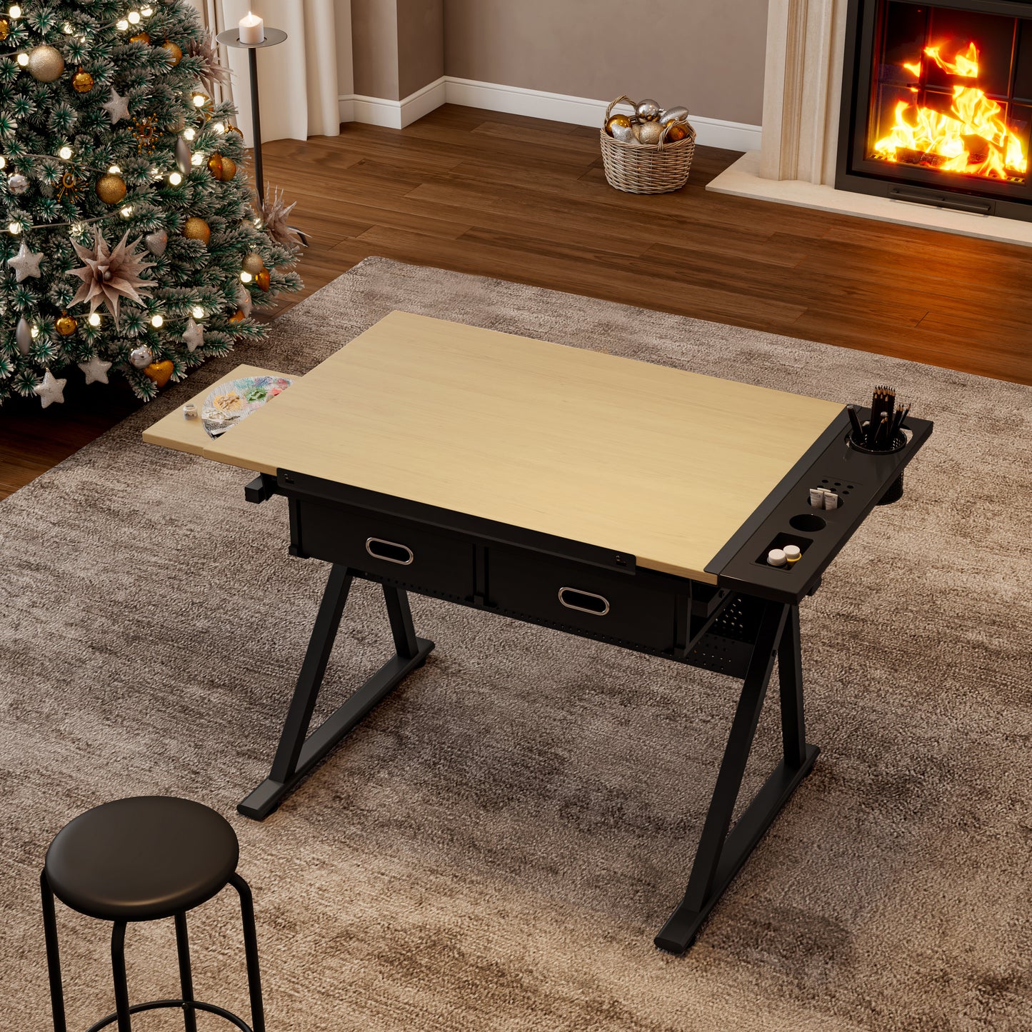 Adjustable Drawing Drafting Table Desk With 2 Drawers For Home Office And School With Stool Maple