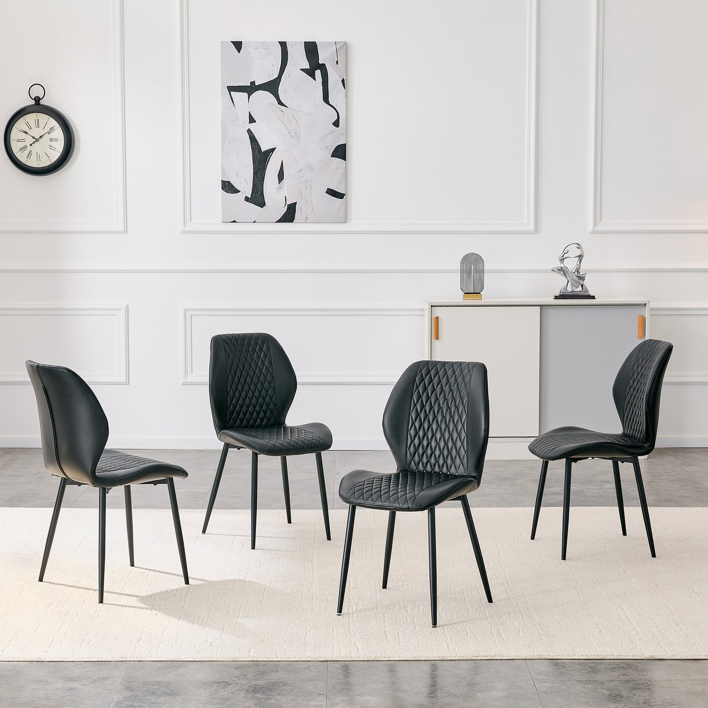 Set Of 4 Modern Light Luxury Black Diamond-quilted PU Chairs With Black Metal Legs. Suitable As Upholstered Dining Chairs With Backrests For Home Dining Rooms, Adaptable To A Wide Range Of Scenarios.