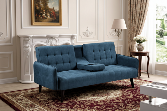72 Sleeper Sofa Bed - Convertible Folding Backrest To Full Bed With Cup Holder & Drop-Down Table - Space Saving Linen Sofa For Small Spaces - Easy Assembly, Blue