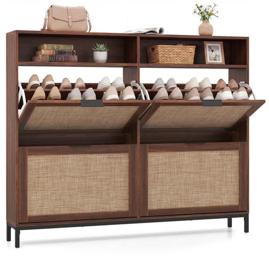 Boho Style Shoe Cabinet Cabinet With 4 Flip Drawers & Open Shelves, Freestanding Shoe Organizer For Entryway