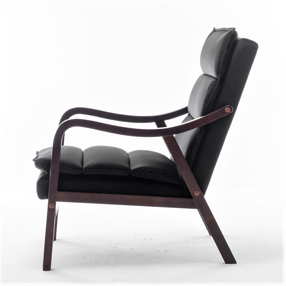 Mid-Century Modern Black Accent Chair With Wood Armrest, Upholstered Reading Chair For Living Room Bedroom