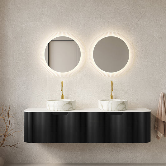 DINA 60 Bathroom Vanity&Sinks, Floating Curved Edges Striped Storage Cabinet With 2 Drawers, 2 Matte Stone White Round Ceramic Basins&Carrara White Sintered Stone Top, Pre-assembled, Black Color