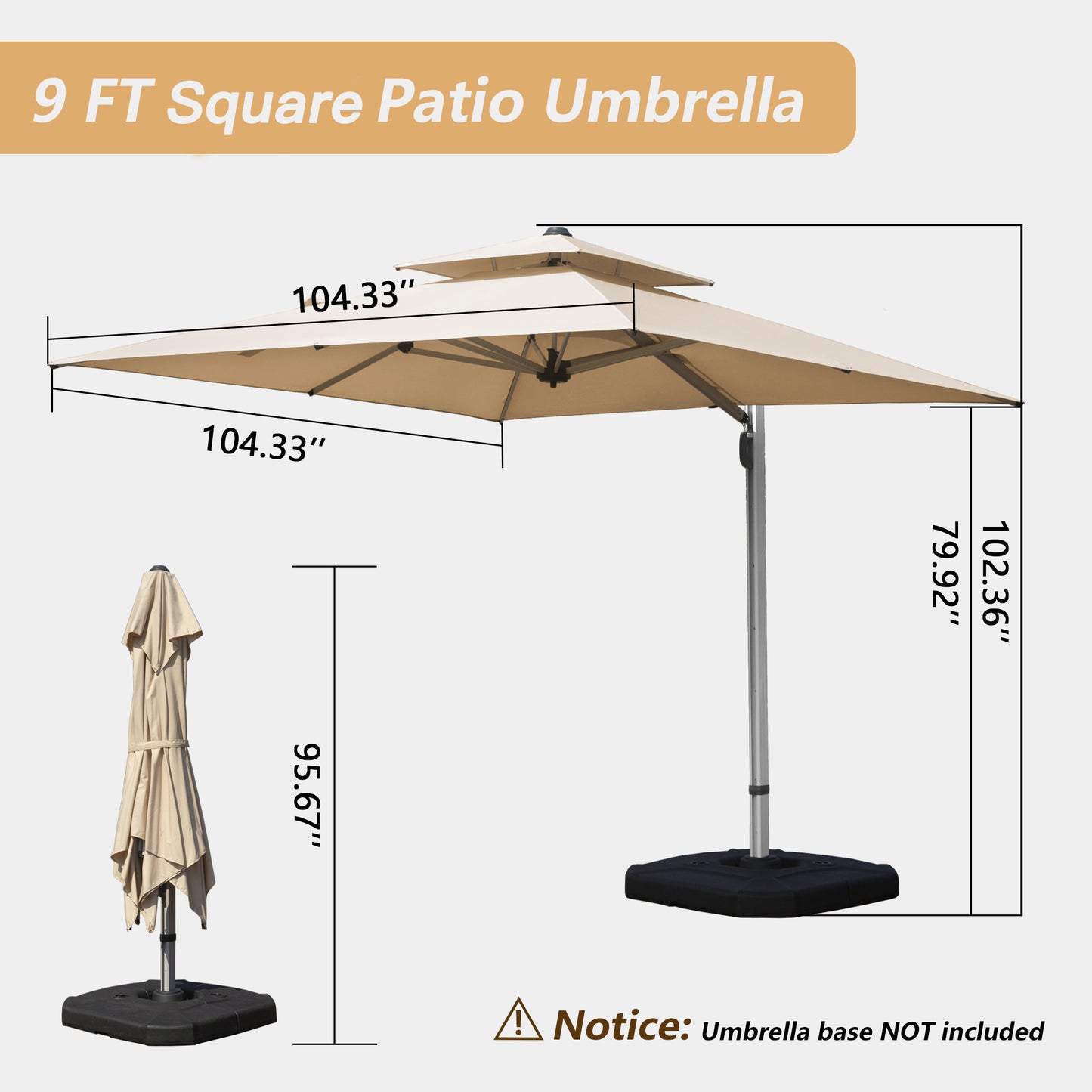 9 Ft. Aluminum Cantilever Tilt Patio Umbrella With Center Pole, Beige Base Not Included