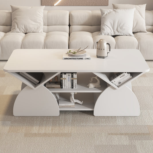 Engineered Wood Rounded Corner Rectangular Coffee Table For Living Room, Easy Assembly Storage Table With Open Shelves Sturdy Frame For Reception Room, Modern Coffee Table Geometric Design White
