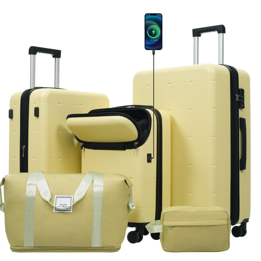 Hardside Luggage Set 5 Piece With Bags,20IN Half-opening Carry On Luggage With USB Port, Expandable 24IN 28IN Luggage With Double Spinner Wheels TSA Lock