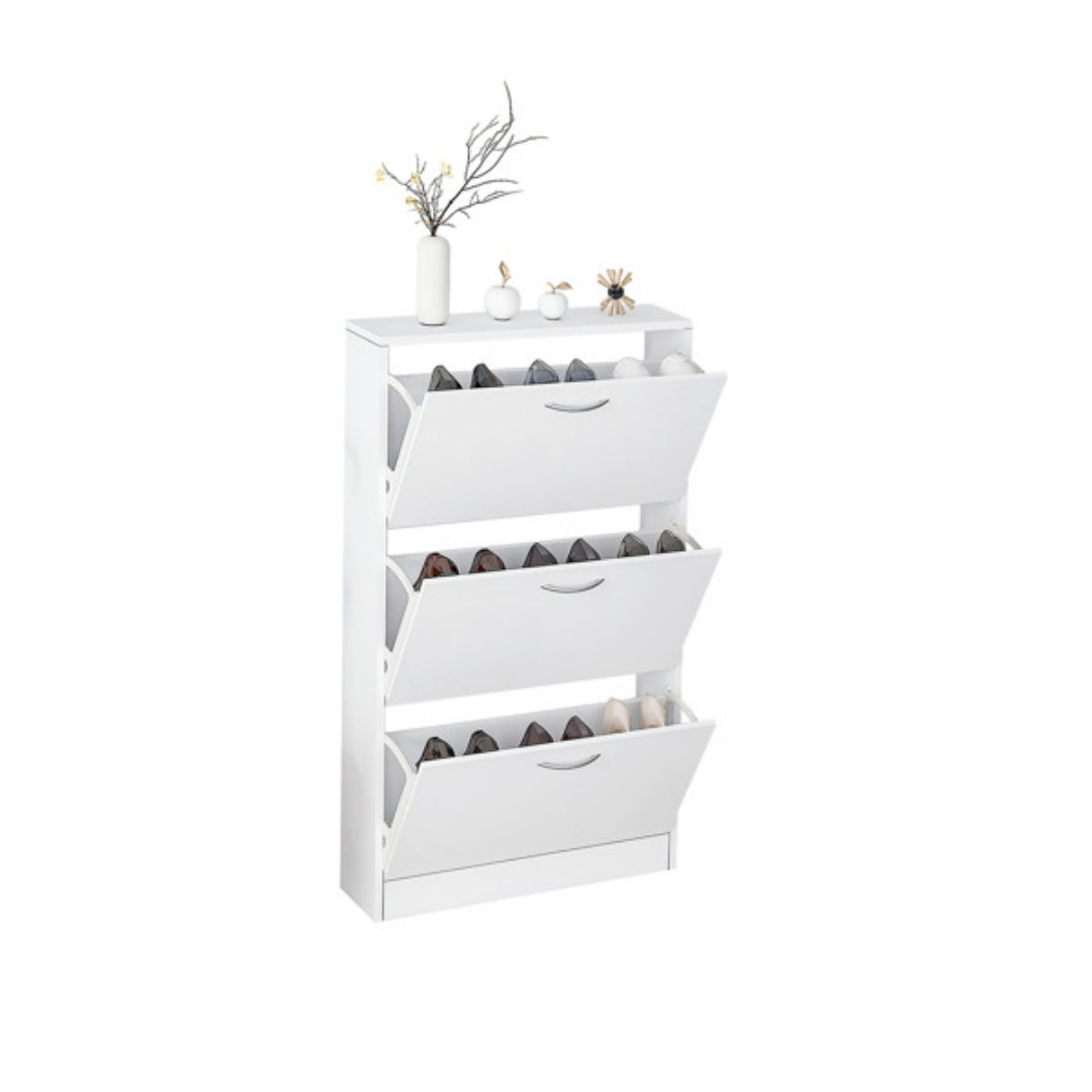 Shoe Cabinet For Entryway, White Narrow Shoe Storage Cabinet Flip Down Shoe Rack Wood 3 Tier Shoe Organizer For Home And Apartment