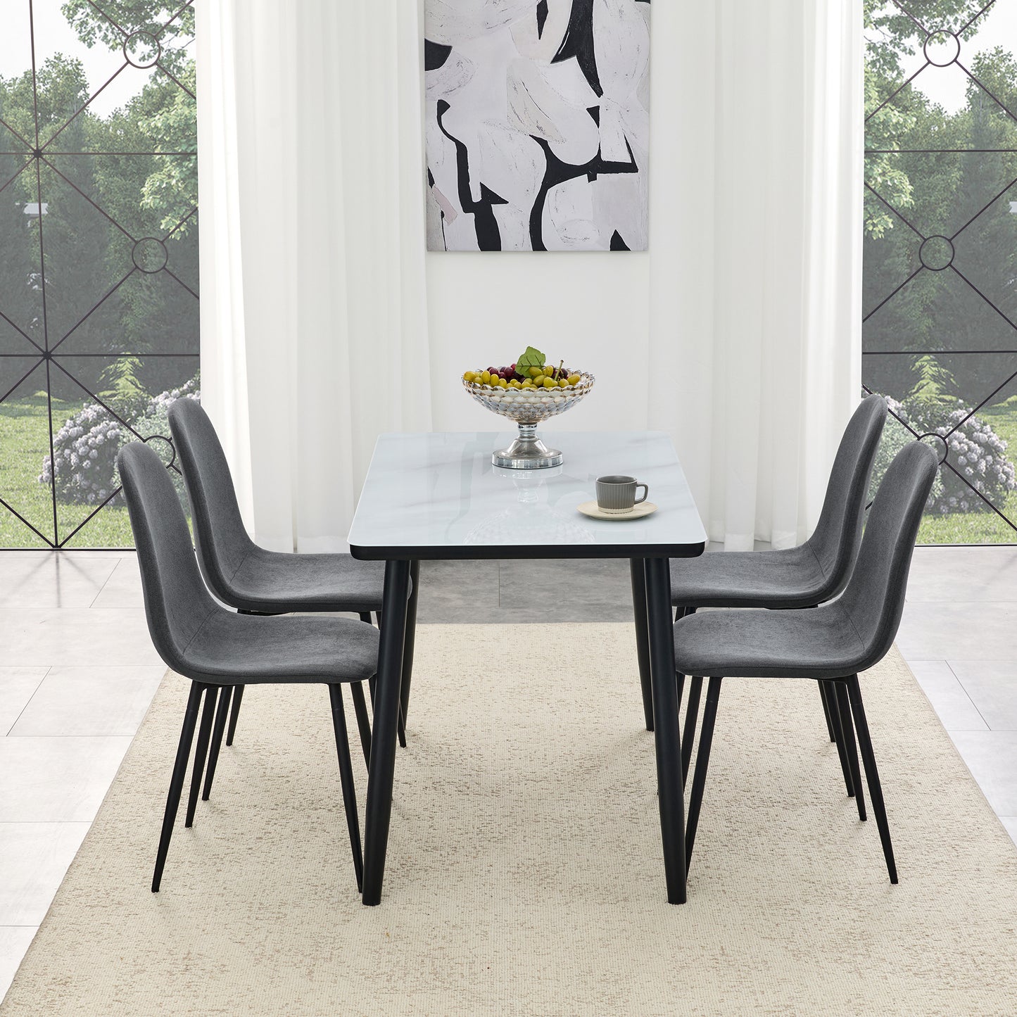 Table And Chair Set.Modern Dining Table. White Imitation Marble Texture Glass Top Lower Black MDF Board,black Metal Legs.Paired With 4 Dark Gray Linen-Cotton Material Dining Chair With Metal Leg.