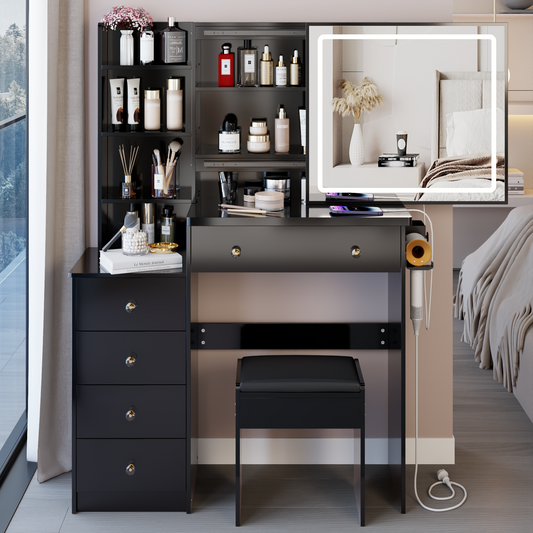 37 Middle Size Left Bedside Cabinet Vanity Table Cushioned Stool Dresser Set, 2 AC -2 USB Socket, Hair Dryer Stand, Large Touch Control LED Sliding Mirror, 3-color Switch, EPA, GCC, UL Certificate