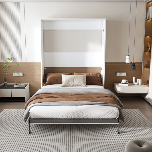 Queen Murphy Bed 65-inch Foldable Wall Bed With Metal Bed Frame Solid Wood Support Slats Concealed Bed Frame Suitable For Bedrooms And Guest Rooms White Old