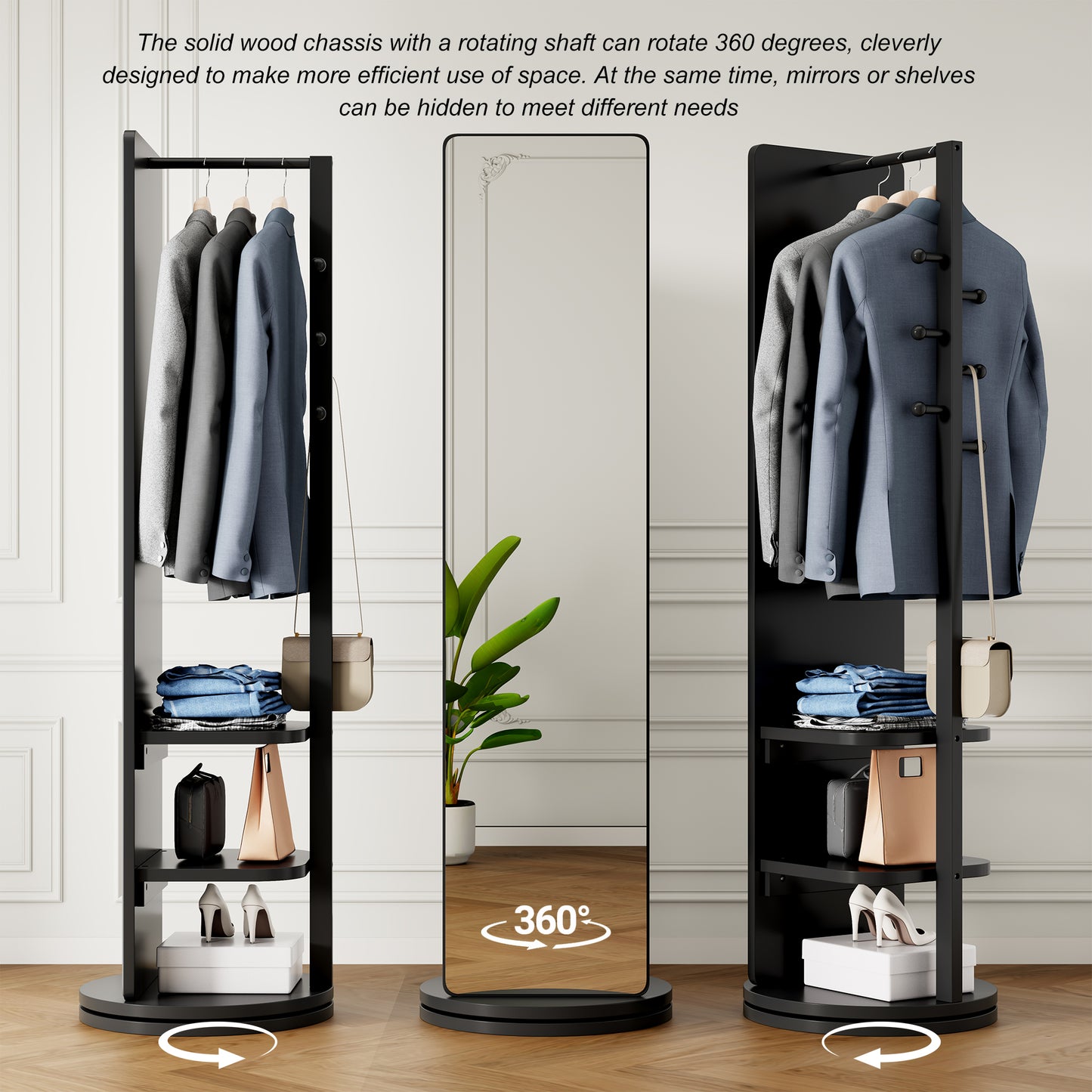 360 Rotating 69x20in Multifunctional Full Length Mirror With Hook Storage Rack Coat Rack With Mirror Solid Wood Floor Mirror Bedroom Living Room Cloakroom Space Saving Black
