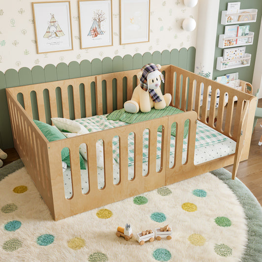 Full Size Floor Bed With High Fence For Kids, Solid Wood Kids Montessori Bed With Door, Low-profile And No Box Spring Needed Design, Natural.Patent Protection