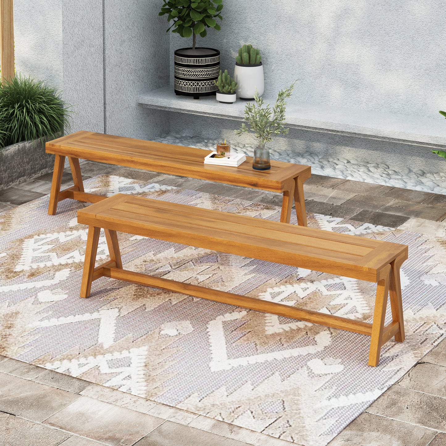 Outdoor Dining Benches Set Of 2 , Contemporary Acacia Wood Patio Bench With Teak Finish - All-Weather Garden, Deck, Poolside Seating