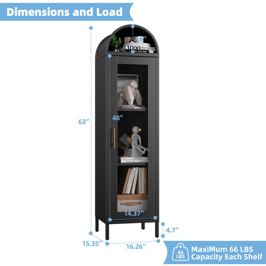 Metal Arched Bookcase Cabinet, Arch Display Storage Cabinet With Glass Doors & 2 Shelves For Living Room, Kitchens,Office, Black, Assembly Required