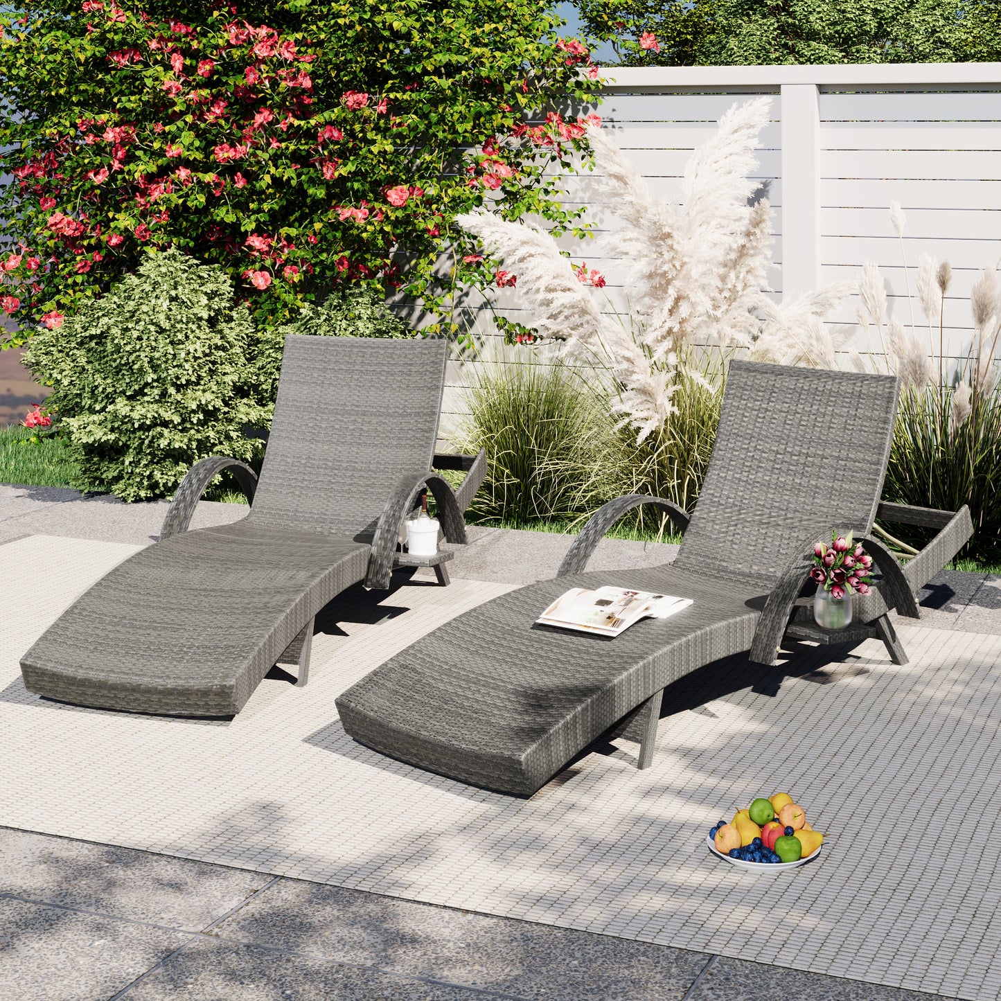 K&K 80 Outdoor Wicker Chaise Lounge Chairs Set Of 2, Patio Rattan Reclining Chair Pull-out Side Table W 5-Level Adjustable Backrest Ergonomic Wave Design Pool Sunbathing Recliners, Grey