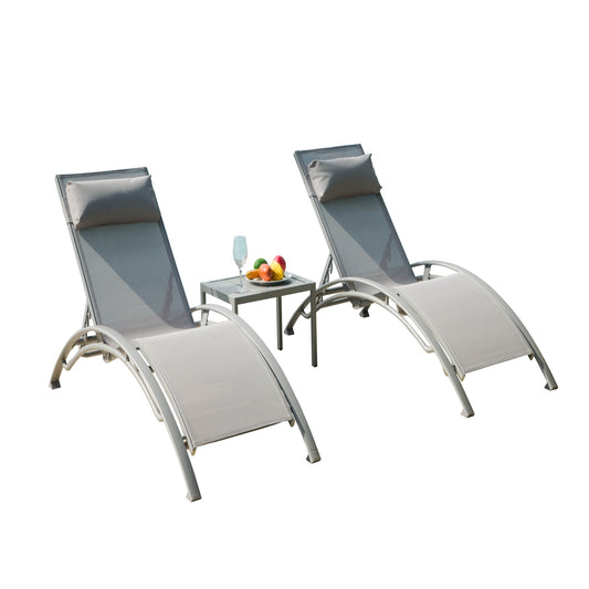 Pool Lounge Chairs Set Of 3, Adjustable Aluminum Outdoor Chaise Lounge Chairs With Metal Side Table, All Weather For Deck Lawn Poolside Grey,2 Lounge Chairs 1 Table