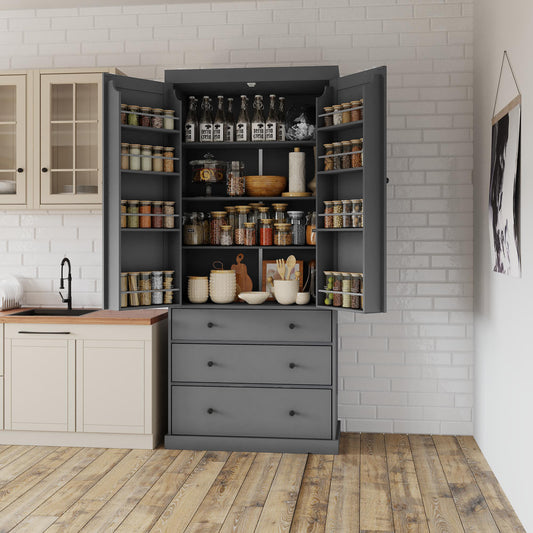 TOPMAx 77 Farmhouse Kitchen Pantry Freestanding Tall Cupboard Storage Cabinet With 3 Adjustable Shelves 8 Door Shelves 3 Drawers For Kitchen Dining Room Gray SP000047