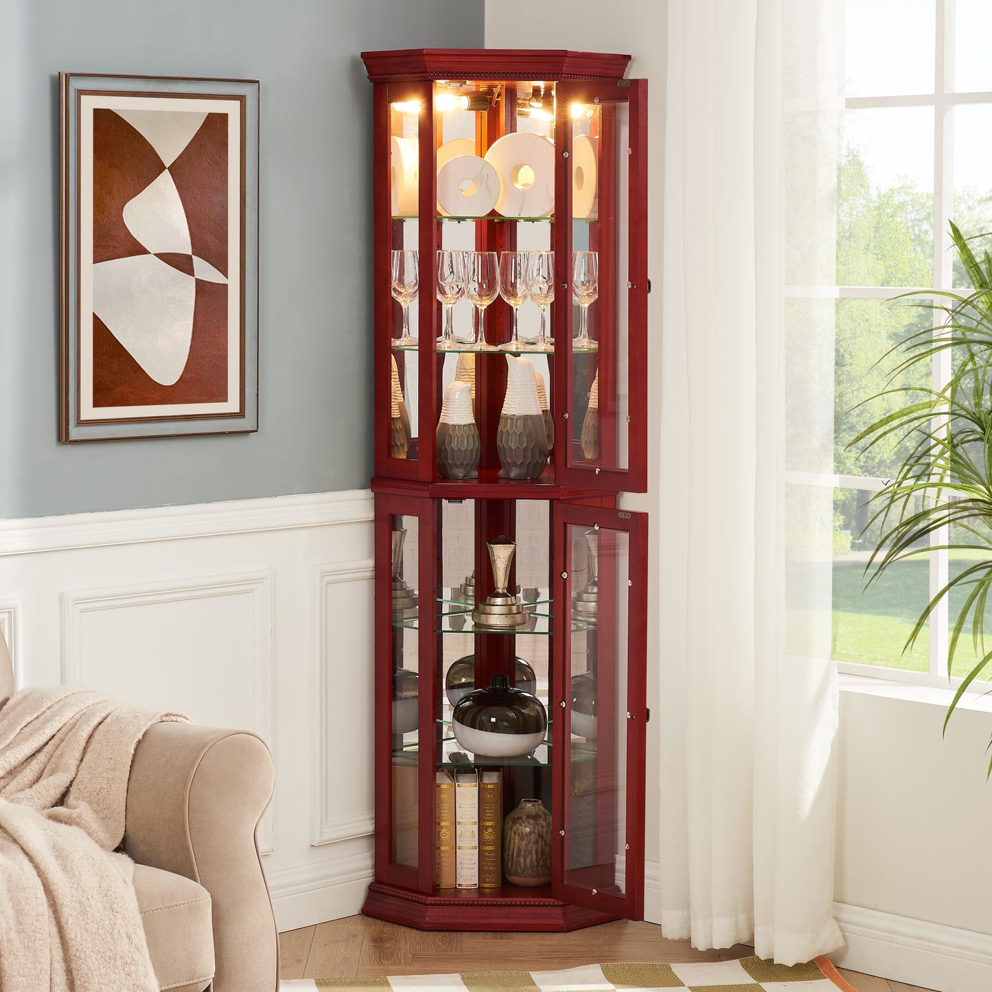 Corner Curio Cabinet Lighted Corner Display, Glass Display Shelf Shelving Bar Cabinet With Tempered Glass Door, Bar Cabinet,Cabinet With Adjustable Shelf Glass Cabinet Shelves Bead Bulb Included