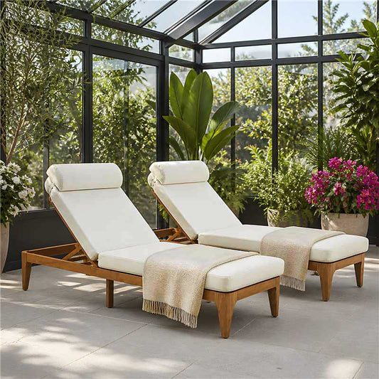 TOPMAX Acacia Wood Chaise Lounge, Outdoor Sun Lounge Chair, Patio Recliner With Adjustable Backrest And Head Pillow For Poolside, Backyard, Garden, Indoor&Outdoor, Set Of 2, Beige