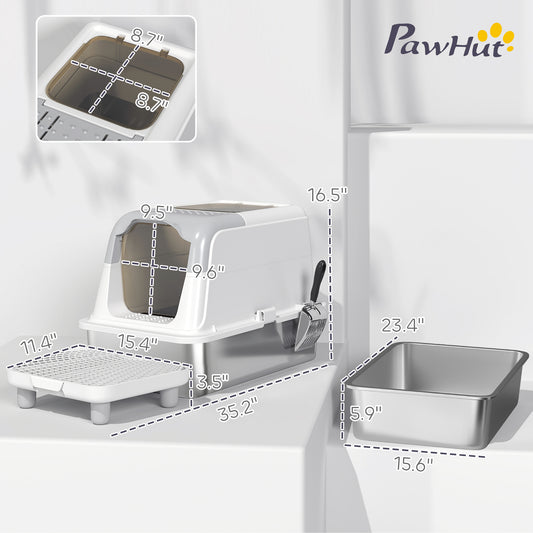Extra Large Stainless Steel Litter Box, Enclosed Cat Litter Box With Scoop, Deodorizer Bag, Sand Drop Pedal