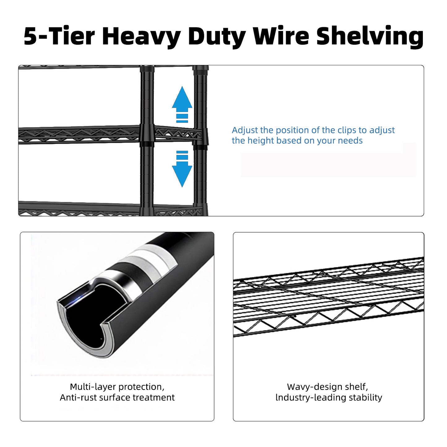 1250 Lbs Steel Heavy Duty 5-Tier Utility Shelving Unit Steel Organizer Wire Rack For Home,Kitchen,Office,Black 13.8 D X 23.6 W X 62.4 H