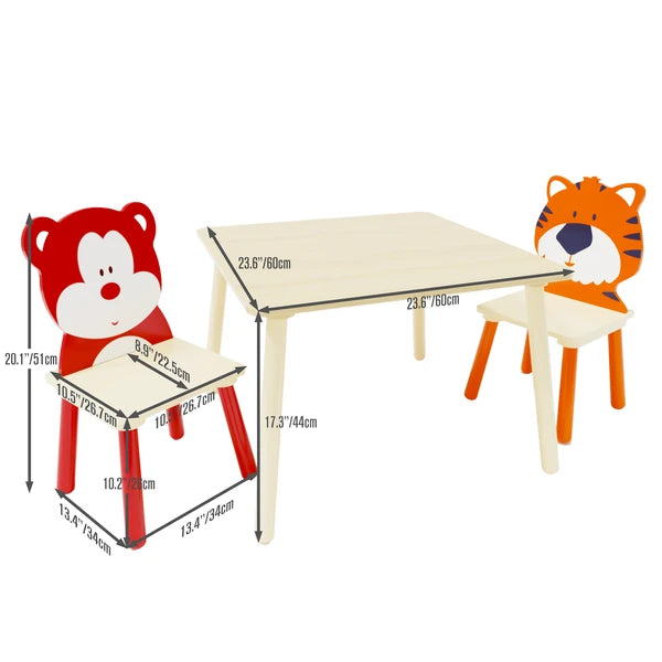 Kids Table And 2 Chairs Set, 3 Pieces Toddler Table And Chair Set, Wooden Activity Play Table Set - Bear&Tiger