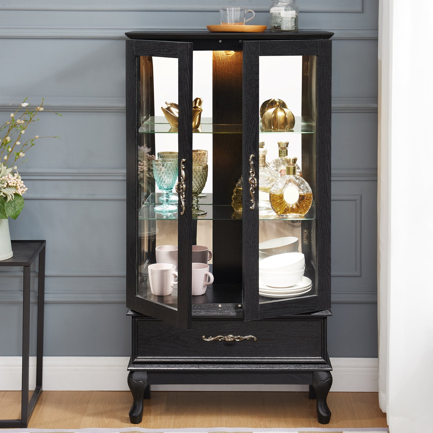 Lighted Curio Cabinet With Glass Doors And Adjustable Shelves 2 Door Wine Cabinet Display Curio Cabinet With LED Lights Light Black Finish And Drawer For Home Decor And Storage