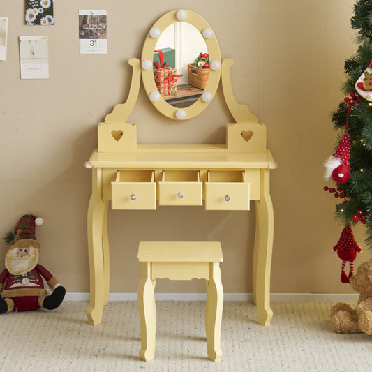 Kids Vanity Set With Mirror And Lights And Stool, 5 Storage Drawers, Pretend Play Princess Makeup Desk Dressing Table And Stool Set For Little Girls Age 3-, Macaroon Orange