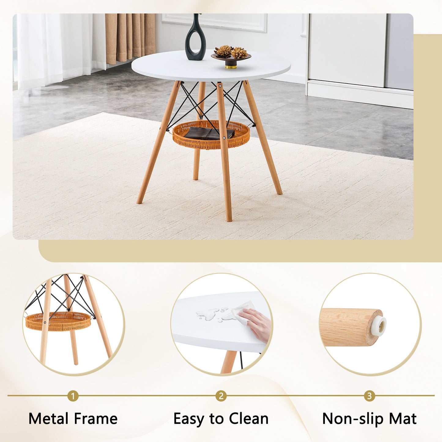 31.5-inch Diameter Circular Dining Table, White MDF Vacuum Formed Tabletop, Solid Wood Legs, With Suspended Woven Storage Basket Structure. A Casual Coffee Table Suitable For 2-4 People.