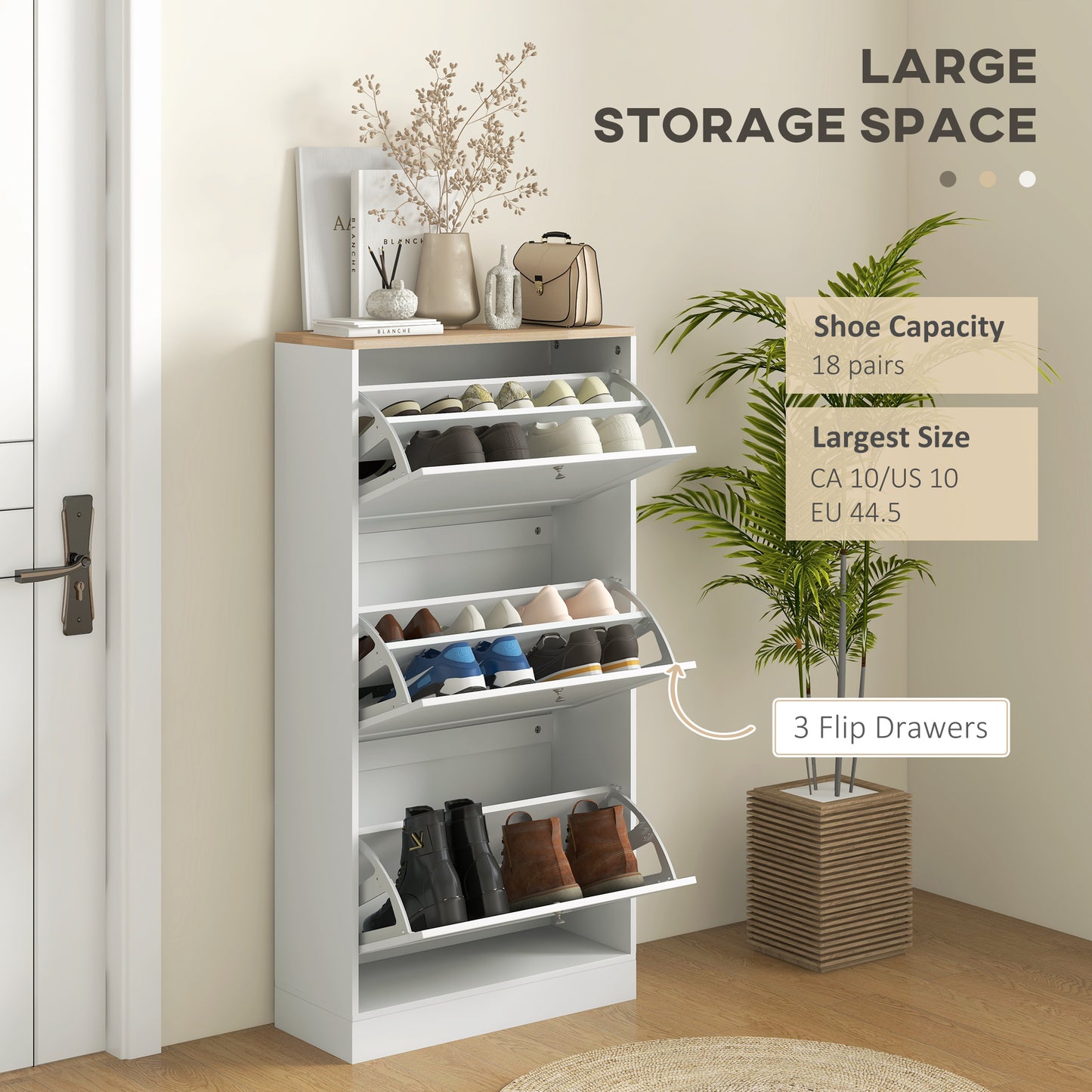 Modern Shoe Storage Cabinet With 3 Flip Drawers And Adjustable Shelves For 12-18 Pairs Of Shoes, White