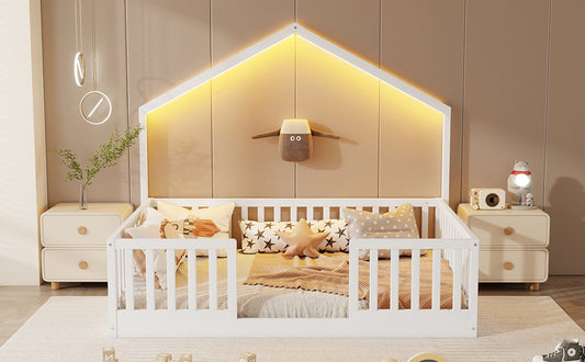 Full Floor Bed With High Rails, Wooden Montessori Bed With Light For Kids, Boys And Girls, WhiteExpect Arrival Date 2026 3 16