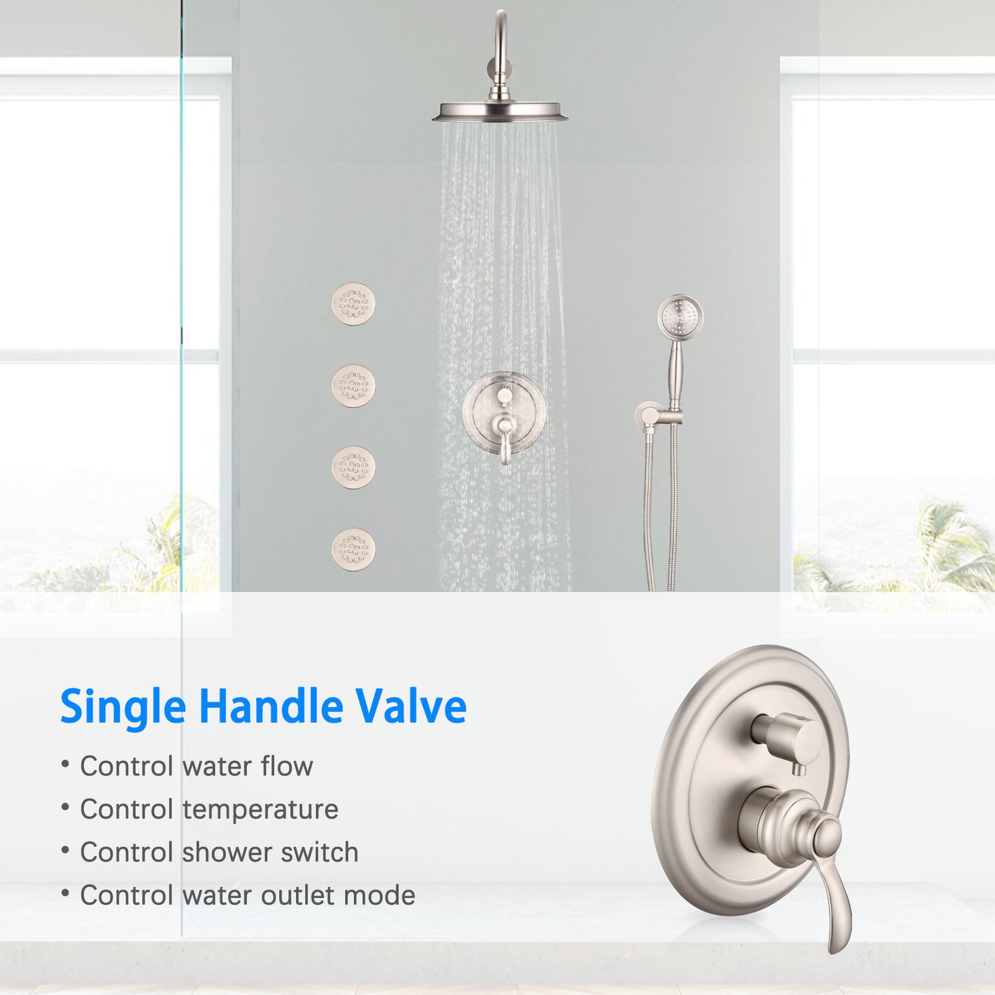 Single-Handle 4-Spray Patterns Bathroom Rain Shower Faucet With Body Jet Handshower In Brushed Nickel Valve Included