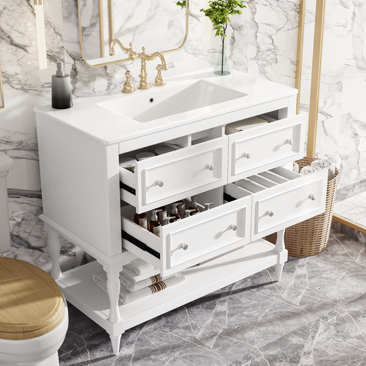 36 Bathroom Vanity Cabinet With Sink Combo Set, Undermount Ceramic Sink, Free Standing Vanity Set With 4 Drawers, Solid Wood Frame Bathroom Cabinet, White