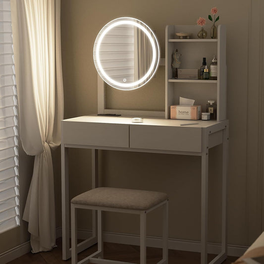 Small Vanity Desk With Mirror And Lights, Makeup Vanity Table With LED Mirror, 3 Lighting Modes, Power Outlet, Drawer, Open Shelves And Cushioned Stool For Bedroom White